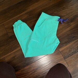 Figs Medium Women's Teal Joggers with Purple Drawstring